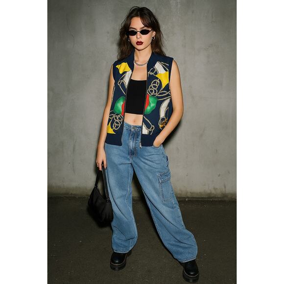 Vintage Ralph Lauren Silk Nautical Flag Print Scarf Vest Medium Colorful Preppy - Picture 2 of 8